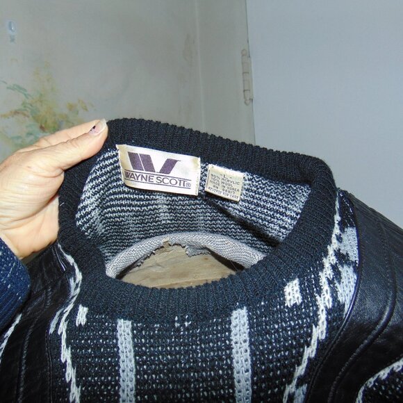 Vintage 80s Wayne Scott Sweater Men's Hand Knit Leather Black White Retro Large - Picture 7 of 10